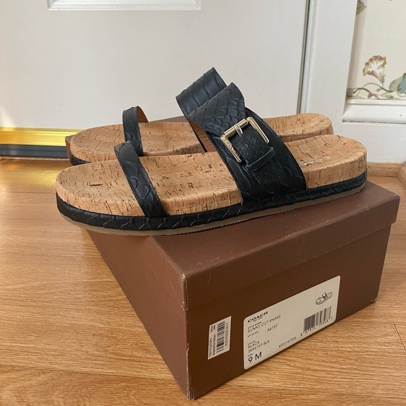 Coach New Women’s Size 9 Sunny Cut Snake Black Leather Cork Sandal Slides NIB - Picture 14 of 14